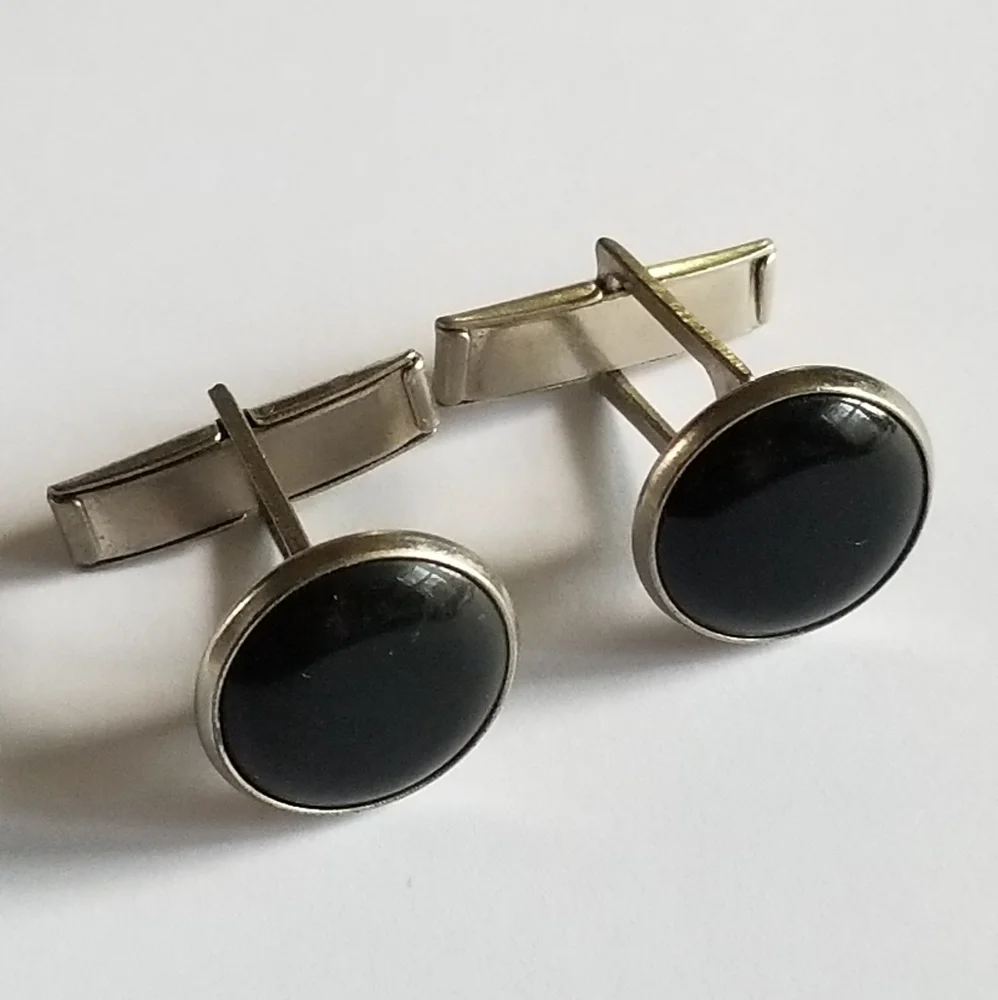 Vintage cuff links black cabochon silver tone metal round domed cufflinks